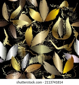 Textured gold 3d floral seamless pattern. Hand drawn ornamental background. Repeat dirty backdrop. Abstract doodle golden flowers, leaves, brush strokes, scribbles. Ornate design. Endless texture.