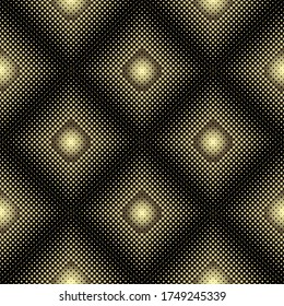 Textured gold 3d halftone vector seamless pattern. Golden surface grunge waffle background. Repeat dotted backdrop. Geometric half tone circles ornament. Abstract modern ornate design. Endless texture