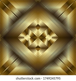 Textured gold 3d lines vector seamless pattern. Golden waffled surface background. Repeat grunge backdrop with shadows and highlights. Abstract striped waffle ornament with rhombus. Endless texture.