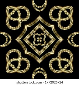 Textured gold 3d ropes pattern. Tapestry floral vector background. Embroidery vintage flowers, lines, swirls. Grunge endless texture. Embroidered ornament. Modern beautiful ornate design.