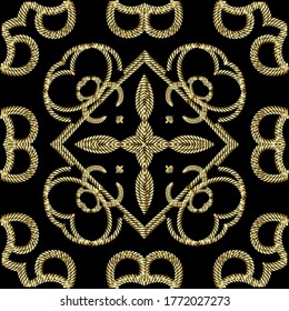 Textured gold 3d ropes seamless pattern. Tapestry floral vector background. Embroidery vintage flowers, lines, swirls. Grunge endless texture. Embroidered ornament. Modern beautiful ornate design.