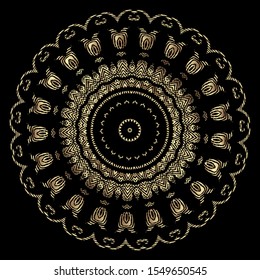 Textured gold 3d round mandala pattern. Grunge floral vector ornament. Grungy vintage golden flowers, leaves, circles, frames, zigzag lines, shapes. Tapestry style texture. Luxury ornate background.