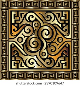 Textured gold 3d shiny seamless pattern with square ancient greek key meander frames, borders. Ornamental trendy vector background. Decorative greece ancient style golden ornament. Tile. Modern design