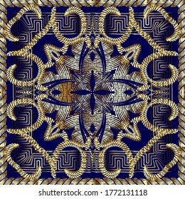 Textured gold 3d twisted ropes seamless pattern. Tapestry floral vector background. Embroidery vintage flowers, lines, square frame, borders. Grunge texture. Embroidered ornament. Greek key meanders.