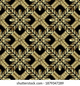 Textured gold 3d twisted ropes seamless pattern. Waffle rhombus vector background. Embroidery vintage flowers, lines, frames, borders, stripes. Grunge surface texture. Floral luxury golden ornaments.