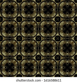 Textured gold floral 3d vector seamless pattern. Grunge ornamental tapestry background. Ethnic style abstract decorative reoeat backdrop. Golden rough flowers, lines, shapes. Dirty endless texture.