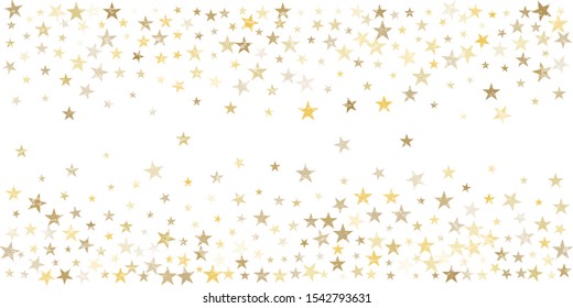 textured gold stars background, golden sparkles confetti falling. christmas lights shining stars glitter backdrop, vector border. tinsel elements celebration graphic design.
