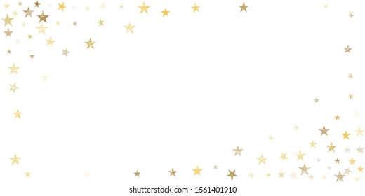 textured gold stars corner background, golden sparkles confetti falling. christmas lights shining stars glitter backdrop, vector border. tinsel elements celebration graphic design.