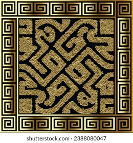 Textured gold stipples dotted ancient greece seamless pattern with greek square frame border. Ornamental greek key meanders grunge vector background. Luxury gold ornaments. Endless grungy dots texture