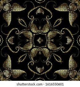 Textured gold vintage 3d seamless pattern, Vector grunge baroque background. Modern repeat grungy ornate backdrop. Golden floral royal ornaments with textured flowers, leaves, swirls, lines, shapes.