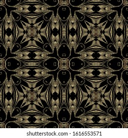 Textured gold vintage 3d seamless pattern, Vector grunge baroque background. Modern repeat grungy ornate backdrop. Golden floral royal ornaments with textured flowers, leaves, swirls, lines, shapes.