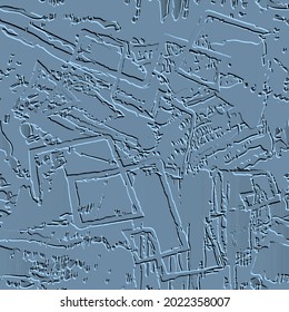 Textured graffiti 3d seamless pattern. Modern rough embossed blue background. Dirty grunge backdrop. Doodle symbols, zigzag lines, brush strokes, scratches. Abstract ornaments with embossing effect.