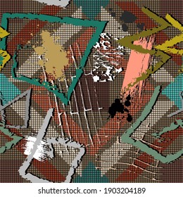 Textured graffiti style seamless pattern. Digital halftone colorful grid background. Repeat bright vector backdrop. Hand drawn grunge symbols, signs. Dirty geometric abstract ornament. Rough texture.