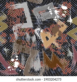 Textured graffiti style seamless pattern. Digital halftone colorful background. Repeat bright vector backdrop. Hand drawn grunge symbols, signs. Dirty geometric abstract ornament. Rough texture.