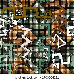 Textured graffiti style seamless pattern. Digital halftone colorful background. Repeat vector mosaic backdrop. Hand drawn grunge symbols, signs. Dirty geometric abstract ornament. Rough texture.