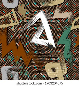 Textured graffiti style seamless pattern. Digital halftone colorful background. Repeat bright vector backdrop. Hand drawn grunge symbols, signs. Dirty geometric abstract ornament. Rough texture.