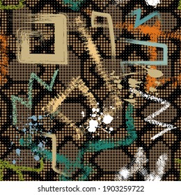 Estilo de graffiti texturado sin fisuras. El medio tono digital gira en torno a un fondo colorido. Repetir el fondo vectorial. Símbolos dibujados a mano, señales de sonido. Ornamento abstracto geométrico sucio. Textura áspera.
