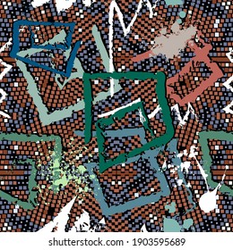 Textured graffiti style seamless pattern. Digital colorful pixel background. Repeat vector mosaic backdrop. Hand drawn grunge greek symbols, signs. Dirty geometric abstract ornament. Rough texture.