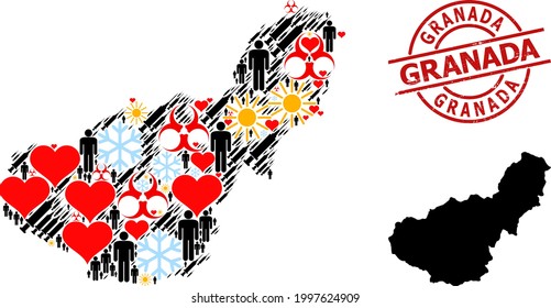 Textured Granada seal, and heart man infection treatment mosaic map of Granada Province. Red round stamp seal has Granada caption inside circle. Map of Granada Province mosaic is formed with cold,