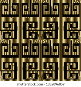 Patrón texturizado de 3d sin fisuras. Antecedentes de vectores étnicos tribales. Tecla geométrica griega, ornamenta de oro con símbolos, signos, formas, textura dorada repetida inagotable de Ornate. Diseño superficial.
