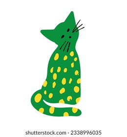 Textured green cat illustration in yellow dots isolated on white