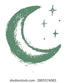 A textured green crescent moon accompanied by four-pointed stars in a weathered and distressed hand-painted style.