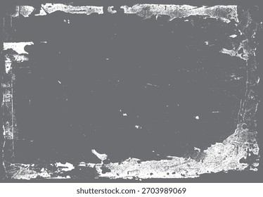 Fondo gris texturizado con borde grunge blanco afligido y motas dispersas creando una superficie abstracta áspera