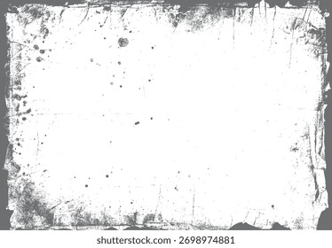 Borde grunge gris texturizado con manchas oscuras dispersas y arañazos en el Vector de fondo blanco