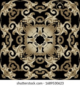 Textured grunge Baroque vector seamless pattern. Old style floral Damask background. Dirty repeat backdrop. Rough grungy texture. Vintage Victorian baroque style ornament. Golden flowers, leaves.
