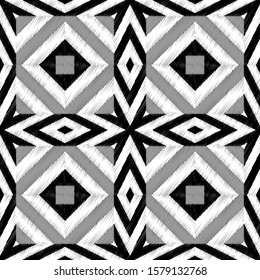 Textured grunge geometric vector seamless pattern. Tapestry tribal background. Repeat ethnic embroidery backdrop. Abstract striped grungy ornament with stripes, zigzag, rhombus, shapes, borders, frame