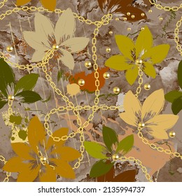 Textured grunge hand drawn floral seamless pattern. Colorful  watercolor background. Repeat dirty backdrop. Abstract doodle flowers, leaves, chains, brush strokes, 3d pearls, beads. Vector ornaments.