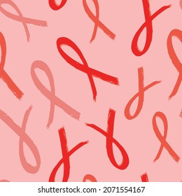 Textured grunge hand drawn red ribbon seamless pattern background for AID HIV awareness campaign, World Aids Day