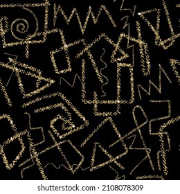 Textured grunge scribbles seamless pattern. Modern rough black and gold background. Repeat vector dirty backdrop. Hand drawn doodle graffiti style greek symbols, signs, zigzag lines. Trendy ornaments.