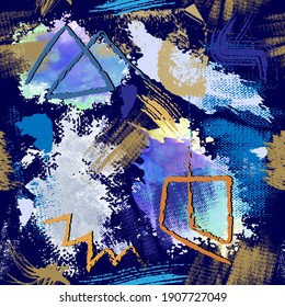 Textured grunge seamless pattern. Modern rough colorful background. Repeat vector dirty backdrop. Hand drawn grungy symbols, signs, watercolor splashes, brush strokes. Abstract ornaments. Texture.