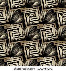 Textured grunge seamless pattern. Modern rough background. Repeat vector dirty backdrop. Hand drawn grungy ancient greek style symbols, signs, shapes, meanders. Texture. Gold ornaments. For design.