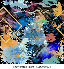 Textured grunge seamless pattern. Modern rough colorful background. Repeat vector dirty backdrop. Hand drawn grungy symbols, signs, watercolor splashes, brush strokes. Abstract ornaments. Texture.