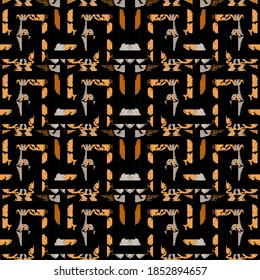 Patrón sin soldadura de grunge texturado. Antecedentes vectoriales de estilo étnico tribal. Tecla geométrica griega, serpentea ornamento abstracto con símbolos, signos, formas. Ornate una textura repetida interminable. Un fondo de tontería.