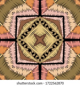 Textured grunge vector seamless pattern. Tapestry geometric modern striped  background. Embroidery repeat abstract ornate backdrop. Symmetrical stripes ornaments. Embroidered texture. Textures design.