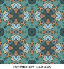 Textured grunge vector seamless pattern. Tapestry zig zag mandalas background. Embroidery repeat abstract backdrop. Symmetrical colorful grungy ornaments. Embroidered texture. Elegant ornate design.