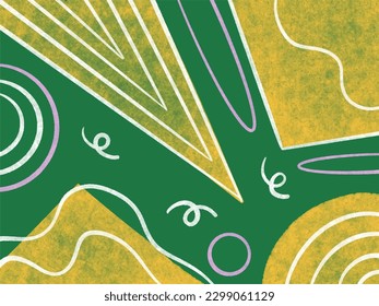 Fondo de color verde ondulado texturado con formas abstractas amarillas y decoraciones de líneas blancas fondo de pared vectorial aislado sobre plantilla horizontal