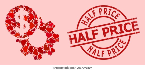 Textured Half Price stamp seal, and red love heart collage for engineering price. Red round stamp has Half Price tag inside circle. Engineering price collage is designed from red amour elements.