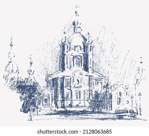 Textured hand drawing of ancient cathedral in baroque style