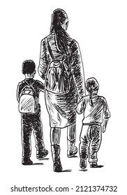 Textured hand drawing of mother with little children walking for a stroll 