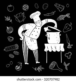 Textured hand drawn happy chief with doodle meal and big saucepan on black background.Cook illustration for your design