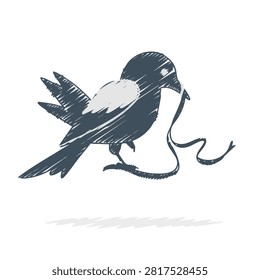 A textured hand drawn illustration of a magpie bird clutching a decorative ribbon in its beak against a plain white background