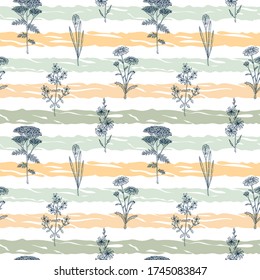 textured hand drawn striped wild flowers seamless pattern. Painting in pastel colors. Modern colored design for clothes and textile print, wrapping paper, wallpaper