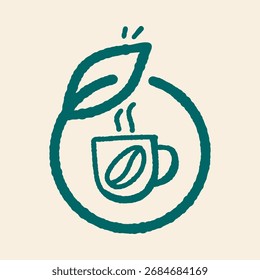Grano de café dibujado a mano texturizado en taza con concepto de logotipo de hoja