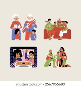 Textured handdrawn families celebrating christmas