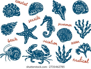 Texturierte handgezeichnete Vektorgrafik von Küstenelementen. Umfasst Muscheln, Seesterne, Seepferdchen, Korallen, Algen, Krabben, Garnelen und Sand. Perfekt für Design-Projekte am Strand, im Meer und an der Küste
