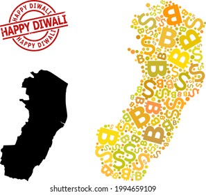 Textured Happy Diwali stamp seal, and money mosaic map of Espirito Santo State. Red round stamp seal includes Happy Diwali text inside circle.